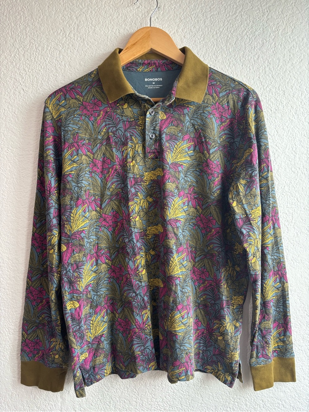 Bonobos Olive Collar Long Sleeve Floral Polo Tropical Print